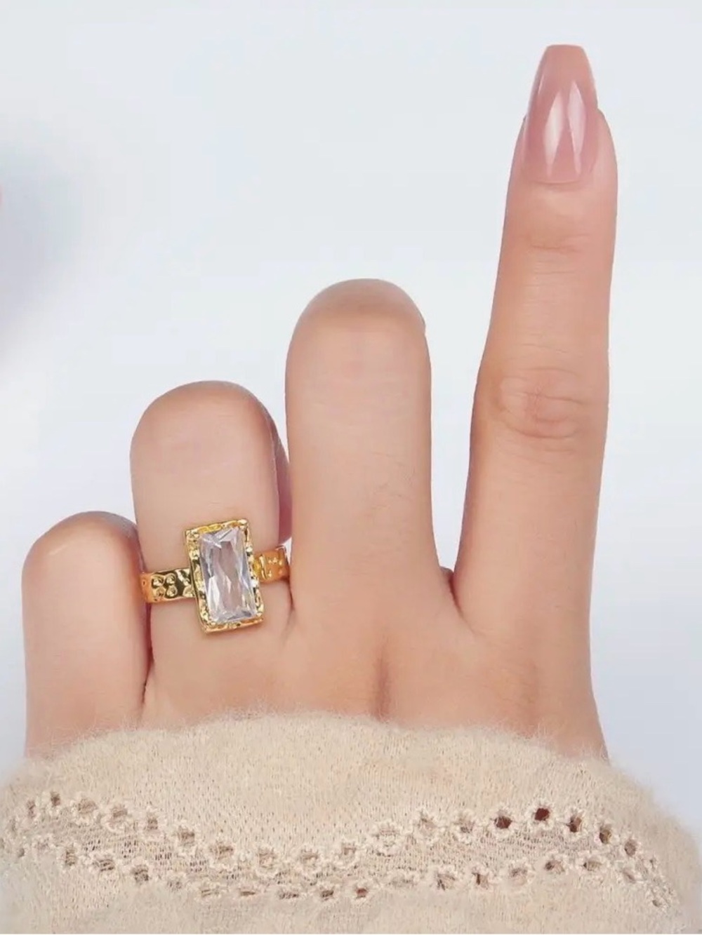 24K Gold Filled Clear Cz Baguette
Hammered Wrap Band Ring - Picture 5 of 5